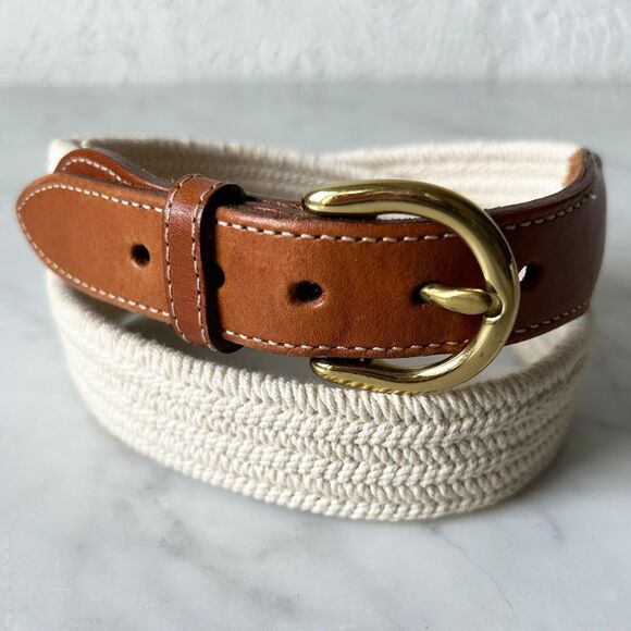 Vintage 90s Lands' End Brown Leather Belt Woven Cotton Off-White-Women's Size 30 - Picture 1 of 8